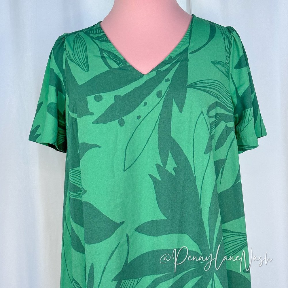 A New Day Leaf Print Short Sleeve Mini Ruffle Hem Dress - Picture 3 of 9